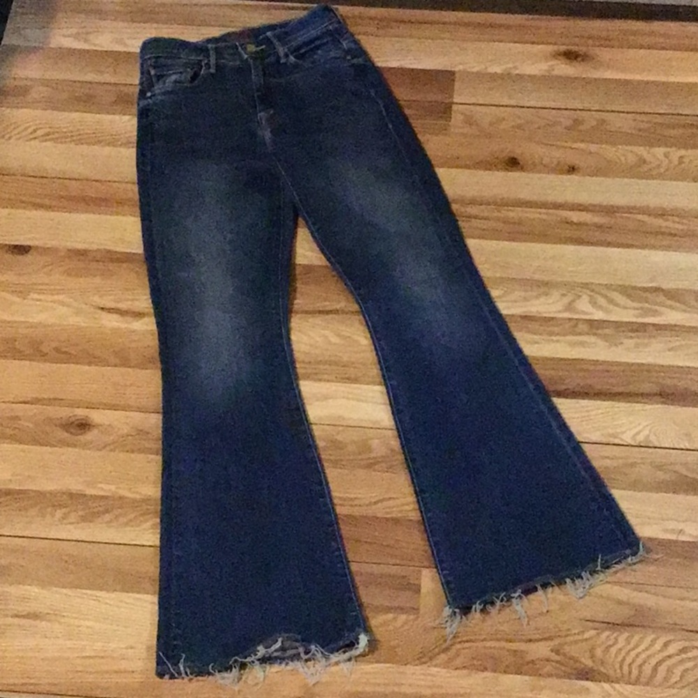MOTHER Blue Flare Wide Leg Jeans with Raw Hem